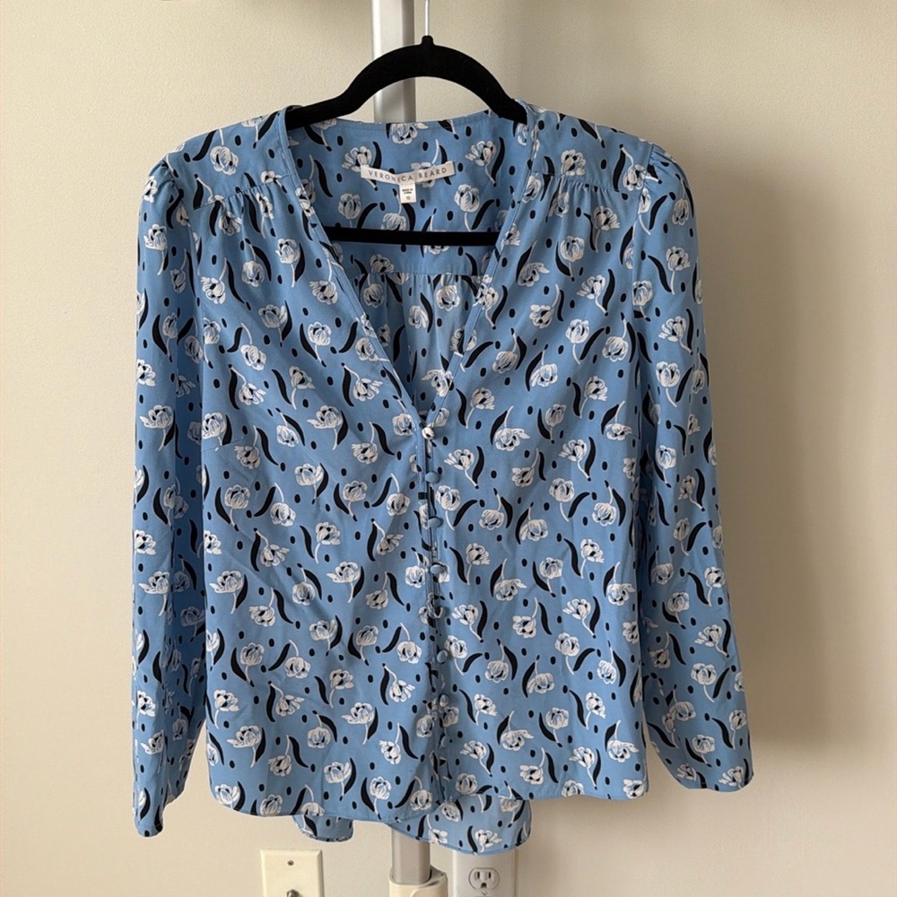 Veronica Beard Light Blue Floral Button-Front Blouse